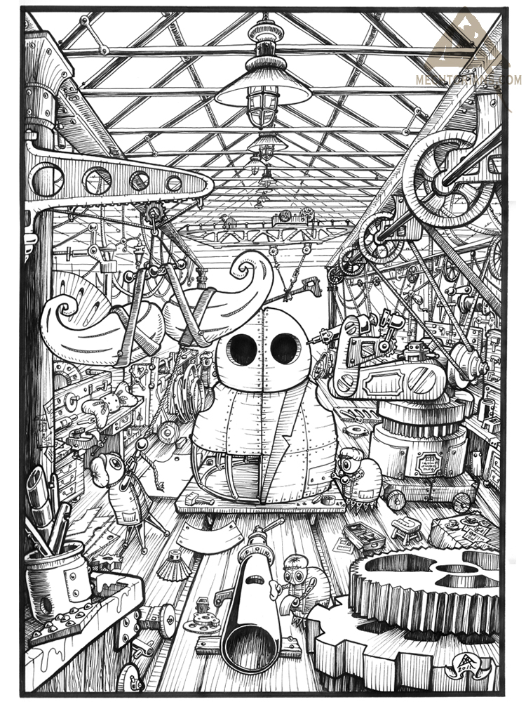 Mill Mechtorian factory floor ink drawing by Doktor A. 
