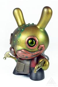 D. I. Why?Mechtorian customised Dunny art toy from Kidrobot. By Doktor A, Bruce Whistlecraft. 2023. Front Left.