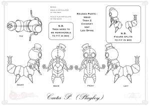 Cater P Design turnaround.Carter P.Production art toy. Part of Mechtorian series 2 designed by Doktor A. Bruce Whistlecraft. Produced by Kidrobot.2018.
