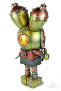 The Gear Sizer. A Mechtorian customised Spacemonkey toy from Dalek and Kidrobot.By Doktor A. Bruce Whistlecraft. 2022.Back.
