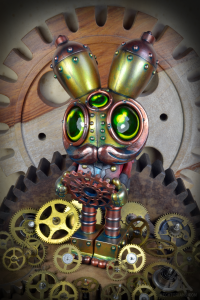 The Gear Sizer. A Mechtorian customised Spacemonkey toy from Dalek and Kidrobot.By Doktor A. Bruce Whistlecraft. 2022.Promotional image.