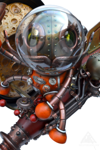 The Man in the Moon. Mechtorian robot on a spaceship toy sculpture by Doktor A. Bruce Whistlecraft.