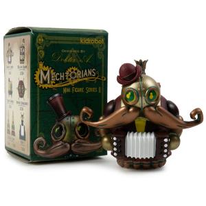 Maurice Jaques - Accordion player with packaging.Part of Mini Mechtorians Series 2 vinyl toys. Designed by Doktor A. Bruce Whistlecraft.Produced by Kidrobot.2018.
