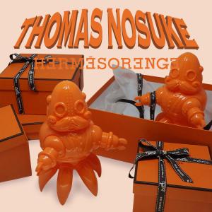 Thomas Nosuke Sofubi toy. Hermes Orange edition by Doktor A. Bruce Whistlecraft and Tomenosuke