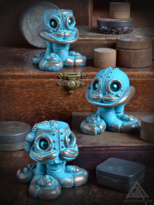 Resin Mechtorian Fez, Bowler and Top Hats with tentacle robots by Doktor A. Bruce Whistlecraft. 2018 Verdigris edition.